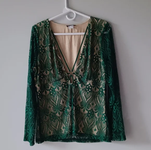 Venus Lace Long Sleeve Plunging V-neck Top Green Nude Large - Picture 6 of 13